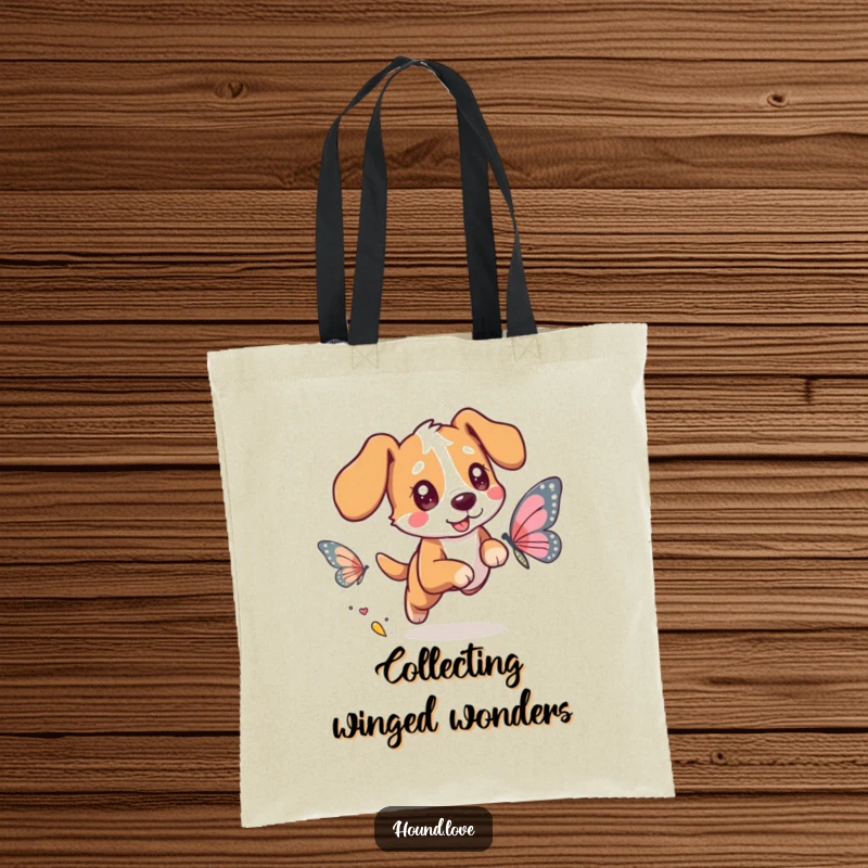 Funny tote bag depicting a happy hound dog with twinkling eyes eagerly pursuing a magical butterfly with shimmering, translucent wings.