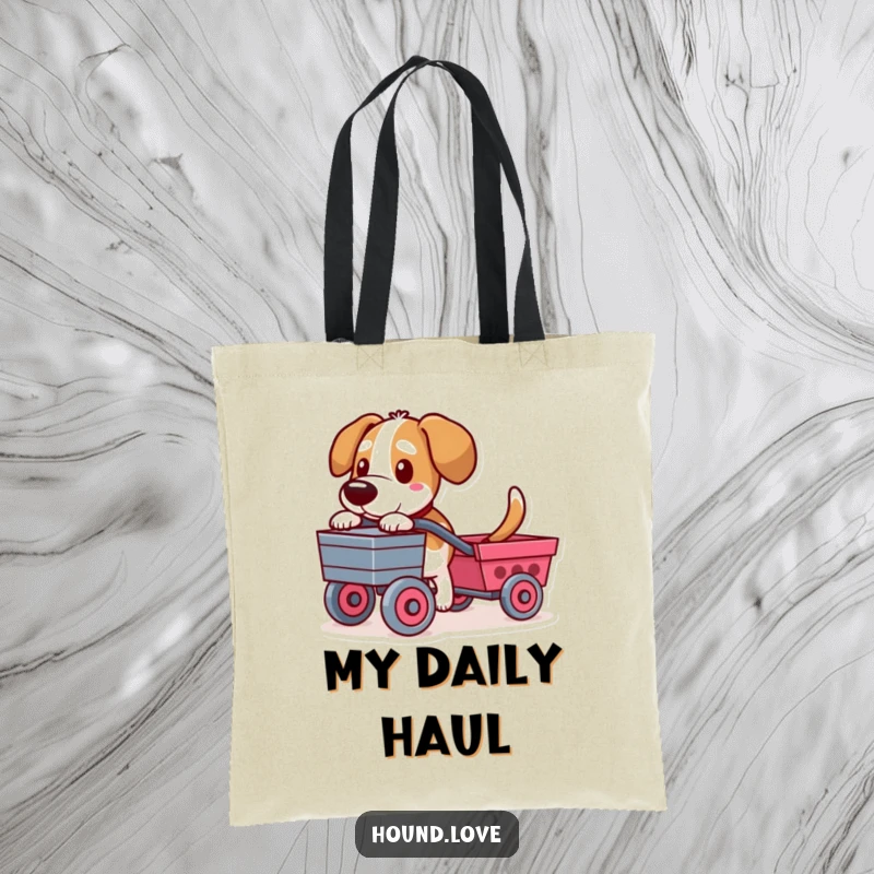 Funny tote bag featuring a determined hound character pulling a toy cart, perfect for everyday use and a humorous statement.