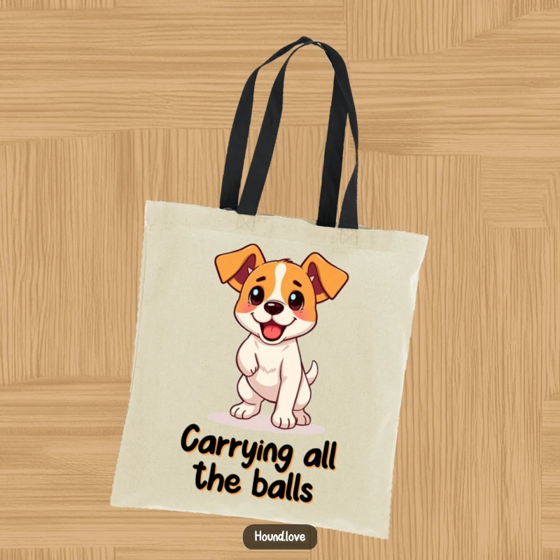 Funny Tote Bag: An excited hound with perked ears, ready to chase a ball, designed for pet lovers on the go.