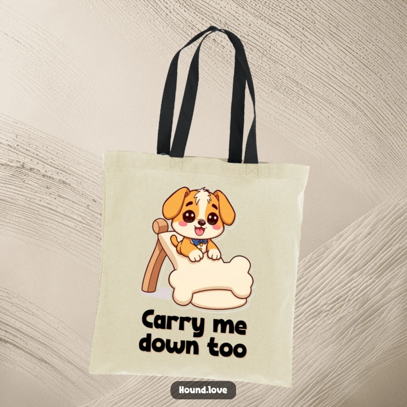 Funny hound tote bag showing a giddy dog character sliding down a wiggly, bone-shaped slide, ideal for humorous carrying.