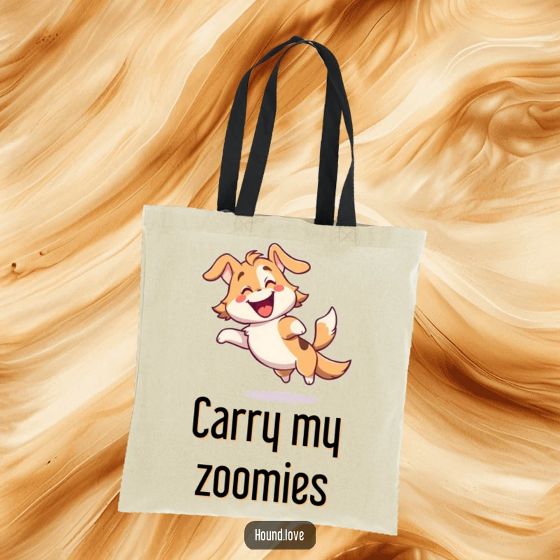 Funny tote bag showcasing a gleeful hound character spinning joyfully with its tail wagging furiously, ideal for carrying happy thoughts.