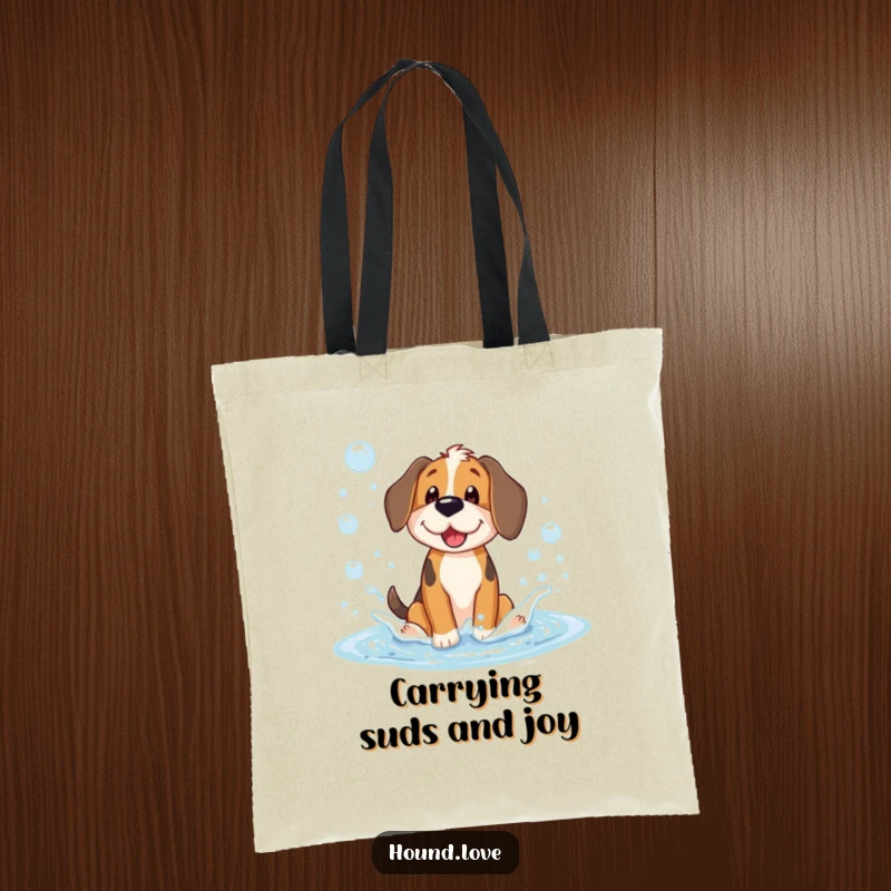Funny tote bag showcasing a joyful hound dog character playfully splashing in a large, bubbly puddle of suds, perfect for carrying fun.