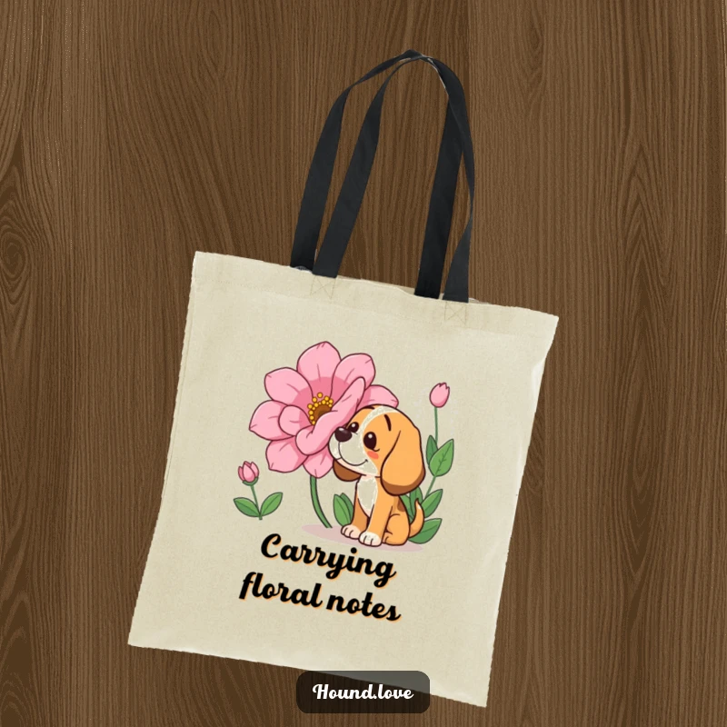 Funny Tote Bag: A contented hound character deeply inhaling the scent of a large, vibrant flower, a delightful and funny scene.