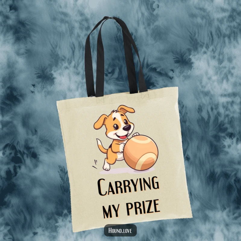 Funny Tote Bag: Hound character playfully chases a huge wobbly ball, perfect for carrying dog toys.