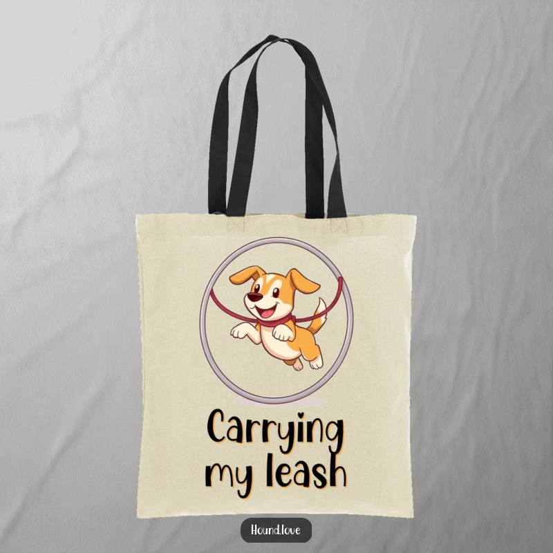 Funny hound character joyfully leaping through a leash hoop, adding a humorous and energetic design to this tote bag.