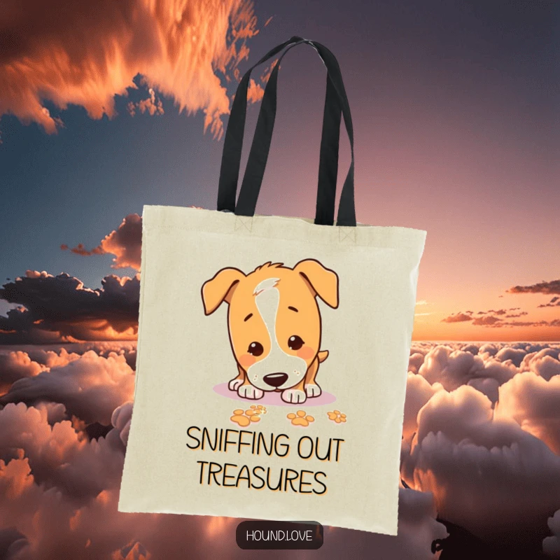 Funny Tote Bag depicting a playful hound excitedly sniffing the ground, following a magical trail of sparkling paw prints.
