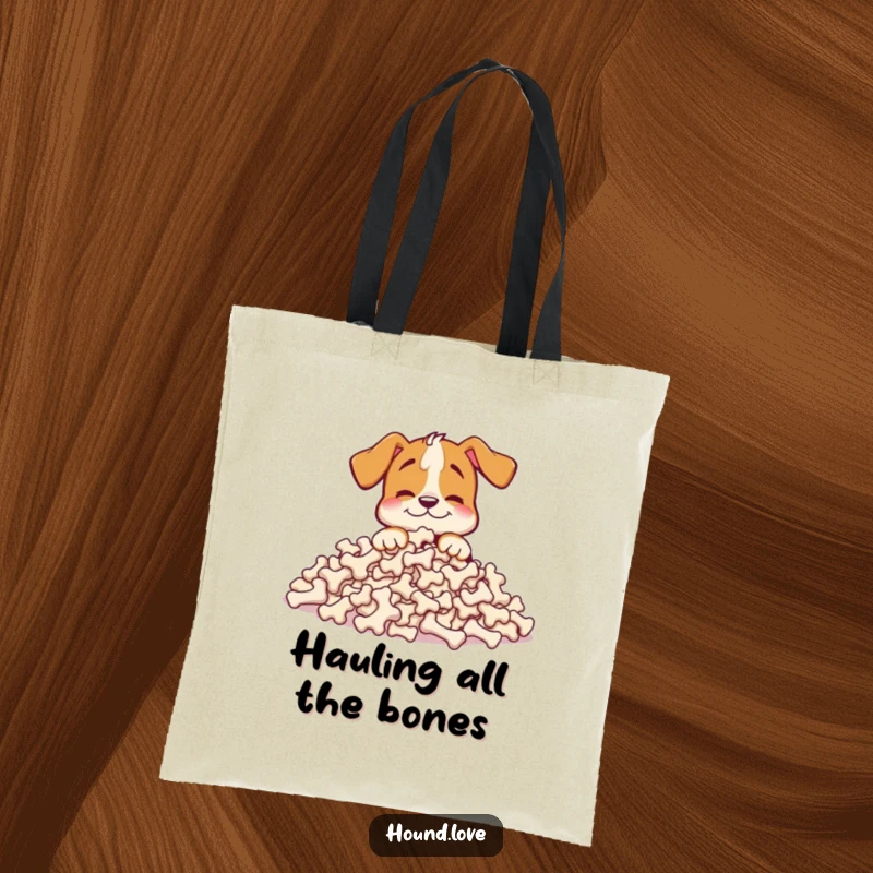 Funny hound tote bag showing a happy dog character burying its nose in a huge pile of bones, ideal for humorous carrying.