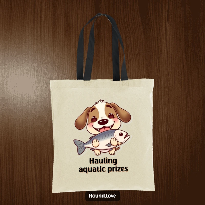 Funny hound with a wide, goofy grin, holding a slippery fish, on a stylish tote bag, great for errands and humor.