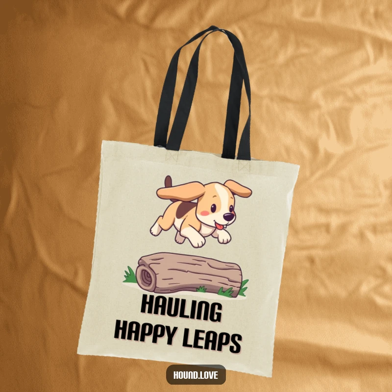 Funny bounding hound tote bag showing a dog joyfully leaping over a log. A humorous and practical gift for dog owners.