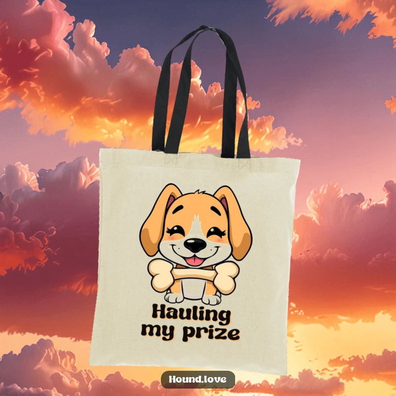 Funny tote bag showcasing a silly hound with a grinning expression, balancing a bone on its nose, perfect for pet owners.