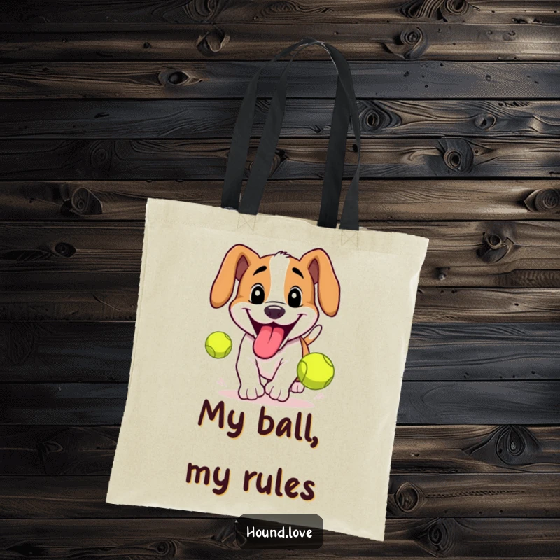 Funny Hound Tote Bag: Grinning hound chasing a tennis ball, a humorous and practical accessory for fetch enthusiasts.