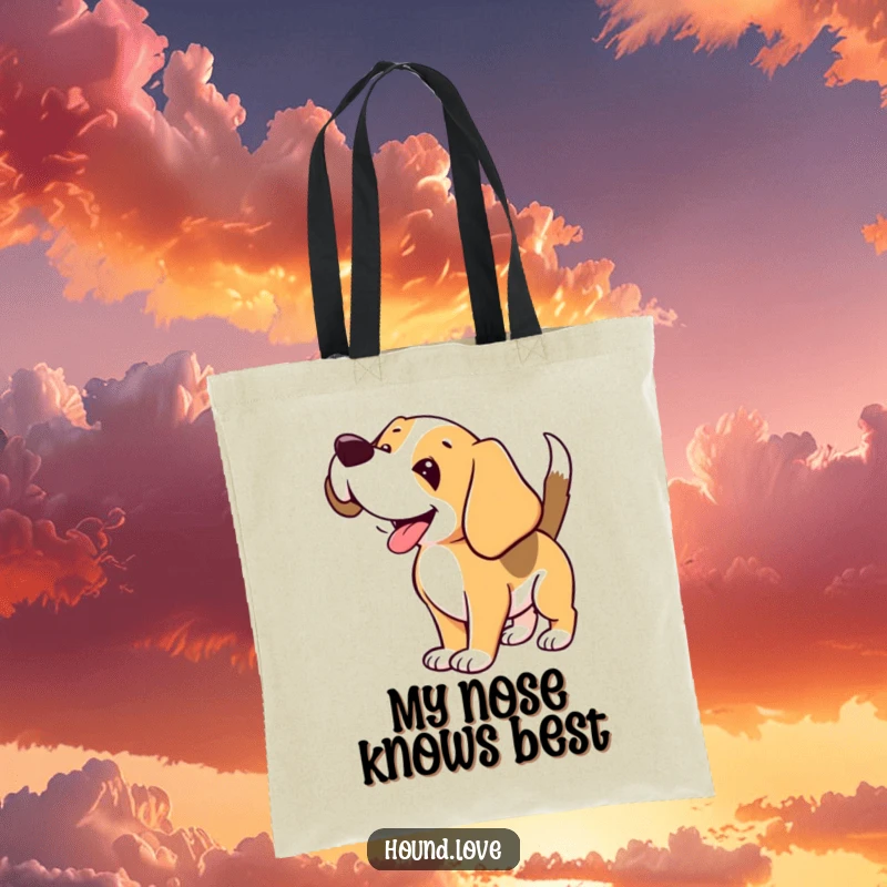 Funny Hound Tote Bag: Joyful hound sniffing the air, a humorous and practical accessory for dog lovers.
