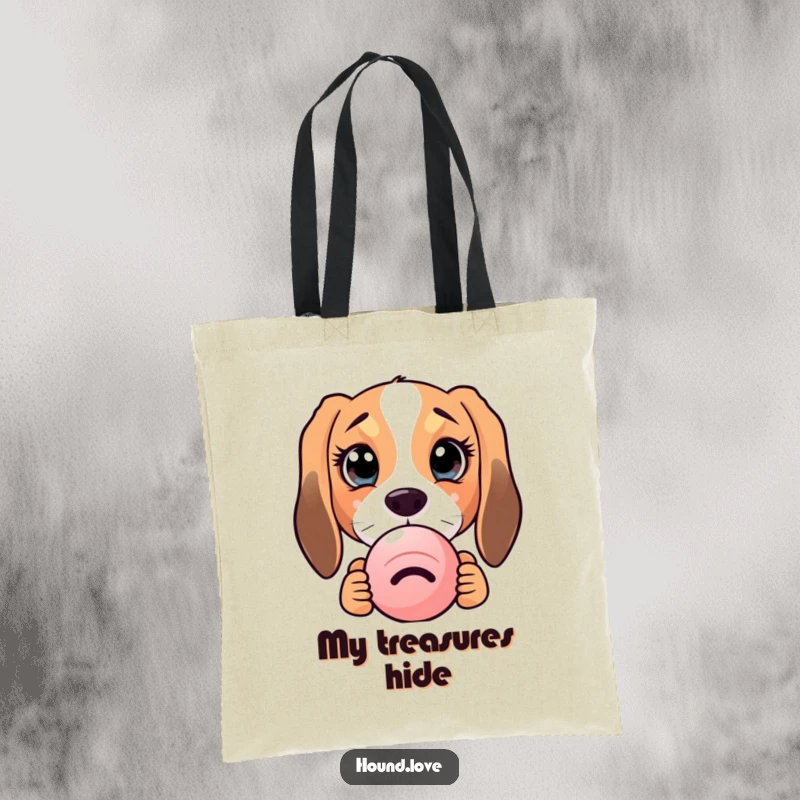 Durable tote bag featuring a funny hound dog with huge, curious eyes peeking from behind a squeaky toy, for adorable errands.