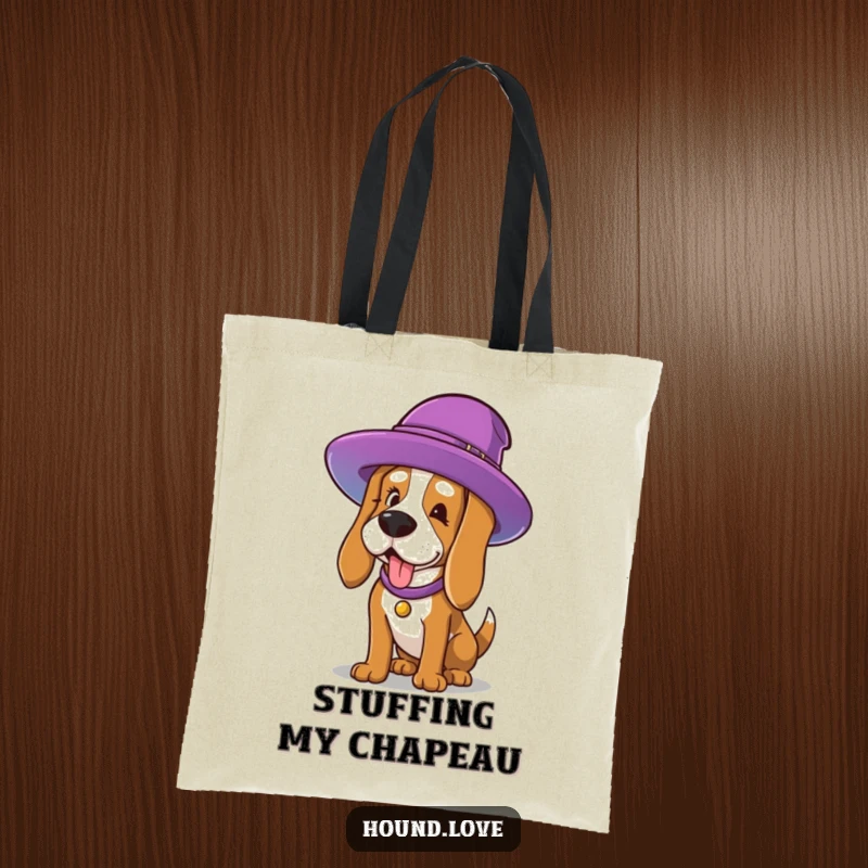 Funny Tote Bag: A dog character comically trying to wear a hat far too large, a funny and eye-catching design for everyday use.