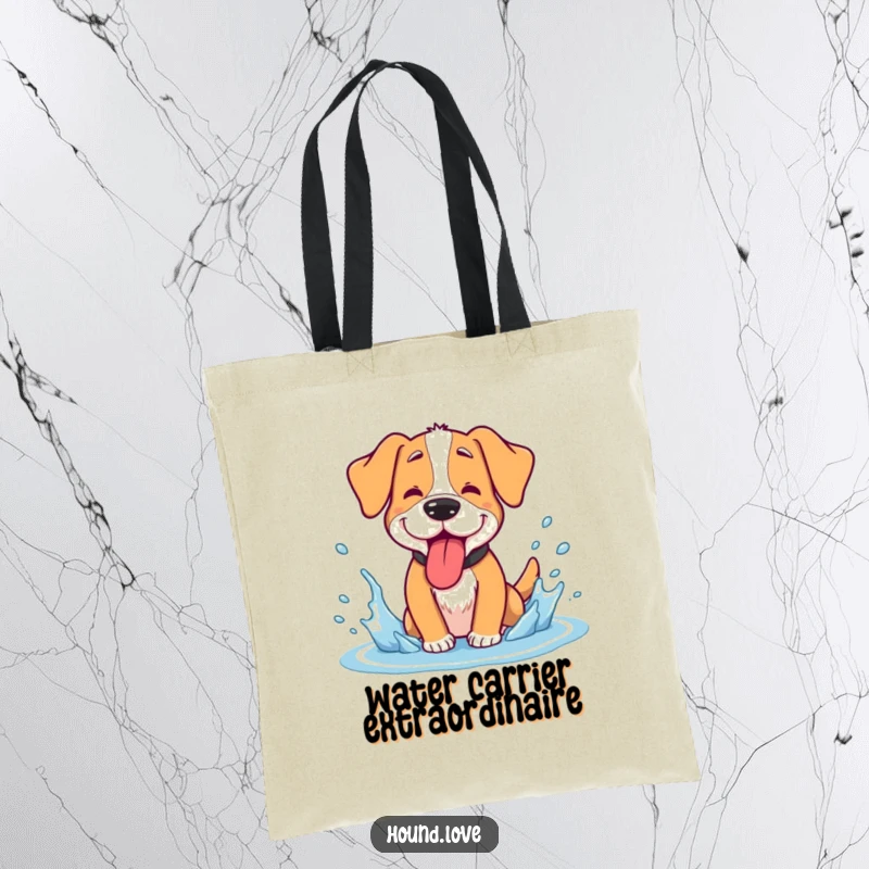 Funny hound tote bag, a goofy dog panting with its tongue lolling, enjoying a refreshing water splash, humorous and practical.